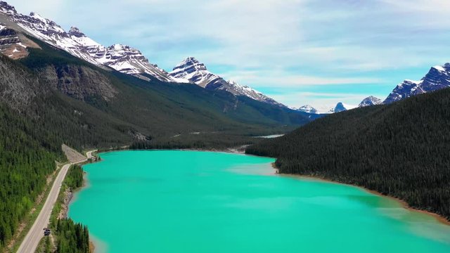 Aerial panorama view of the scenic Waterfowl Lakes on the Icefields Parkway in Banff National Park, Alberta, Canada