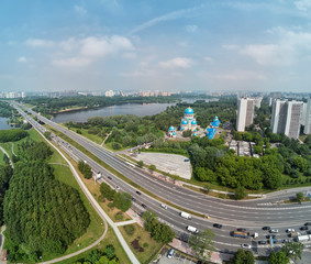 The domes of the Church of the Holy Trinity in Orekhovo-Borisovoon kashirskoe highway, Moscow, Russia. Aerial drone view