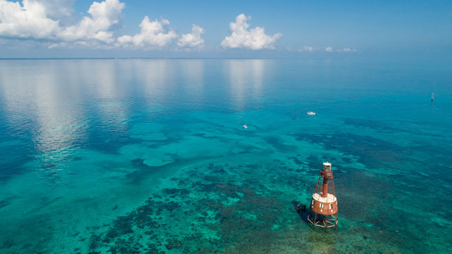 Aerial of Carysfort Reef Lighthouse in Florida Keys