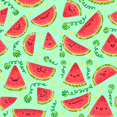 Seamless pattern textile design with cute watermelon characters on bright background