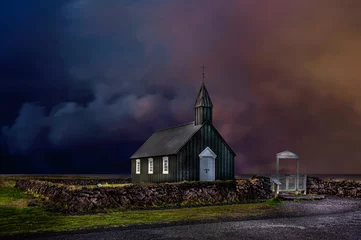 Velvet curtains Deep brown Black church known as Budakirkja in Budir, Iceland