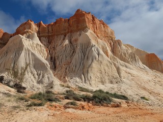 Red high cliffs at Praia da Falesia, a paradise beach in Albufeira in Portugal
