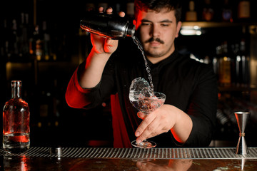 Bartender prepares an alcohol drink with shaker