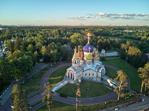 MOSCOW, RUSSIA. Church of the Holy Prince Igor of Chernigov located in the suburban village of Peredelkino. Aerial view