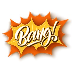 Bang! hand lettering on paper cut explosive background. Retro typographical illustration.