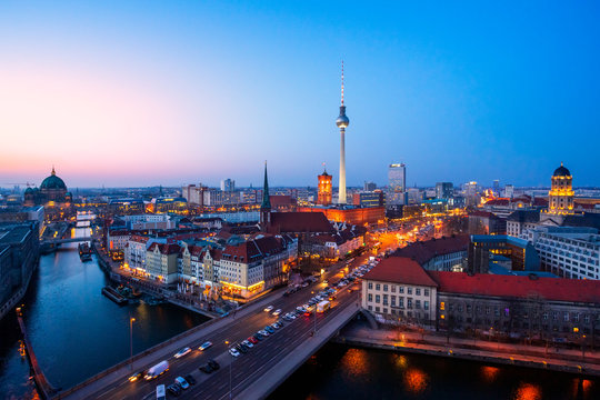 Germany, Berlin, panoramic view with television tower, Red City Hall and St. Nicholas church at sunset