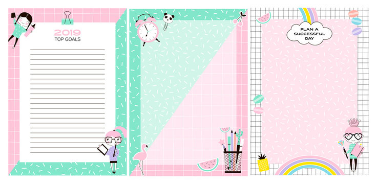 Blank planner book pages flat vector concept set. Empty childish notebook, copybook sheets pack. Girly time management banners with text space and little children. Task planning, goal achievement
