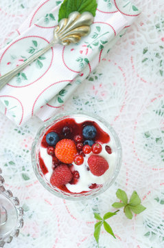 Red Fruit Jelly and natural yoghurt in glass bowl