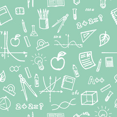 School, learning. Seamless pattern with school supplies. Charts, functions. School time.  Light pleasant background, design element, print, textile.