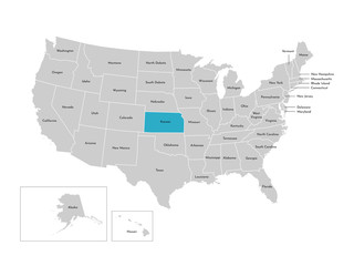 Vector isolated illustration of simplified administrative map of the USA. Borders of the states with names. Blue silhouette of Kansas (state)