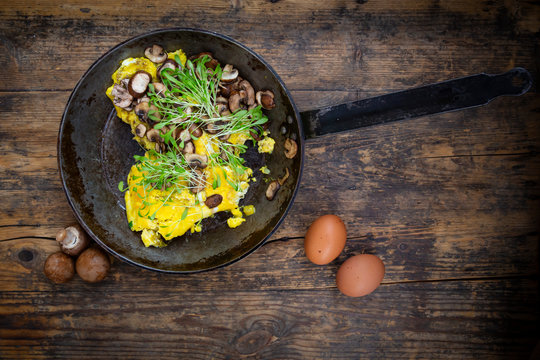 Omelet with champignon and fresh cress in pan