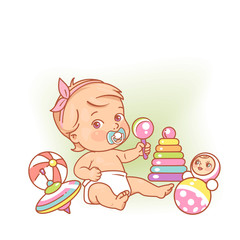 Little baby girl in diaper sitting playing with toys.
