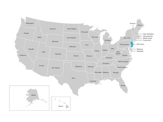 Vector isolated illustration of simplified administrative map of the USA. Borders of the states with names. Blue silhouette of New Jersey (state) © Olli
