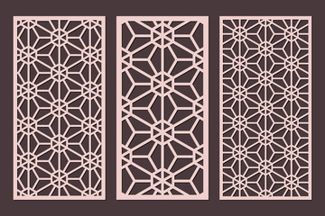 Laser cut cabinet fretwork perforated panel templates with pattern in japanese kumiko style. Geometric hexagon ornamental panels, rate 1:2. Metal, paper or wood carving. Outdoor screen.