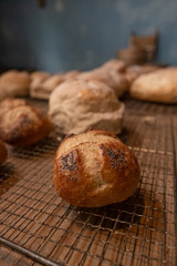 Hot bread cooling on a wire mesh 