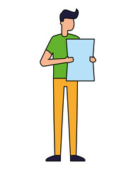 young man holding paper on white background