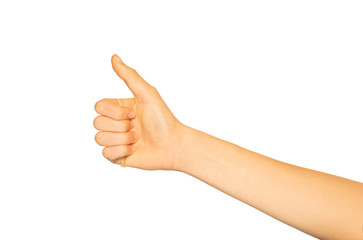 Woman's hand giving thumbs up gesture on white