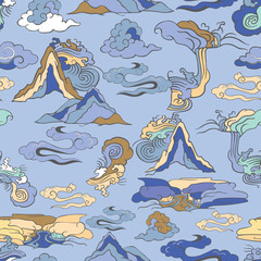 Seamless illustration of landscape with stylized mountains, waterfalls, winds and clouds in asian style. Vector pattern in shades of yellow, cream, brown, indigo and grey. Designed for scrapbooking,