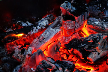 Hot red charcoals in bonefire. Night. Dahab. Sinai. Egypt.