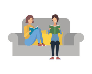 couple sitting on chair with book in hands