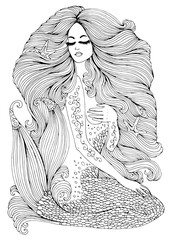 Vector coloring drawing fantastic sea mermaid, women with long wavy hair. Ornamental decorated graphic illustration mermaid tattoo. Sea goddess print t-shirts. Mystery Fairy tale mythical characters.