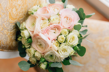 Gorgeous wedding bouquet. Accessory of the bride. Beautiful flowers