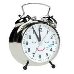 Funny alarm clock sleeps isolated on white background. 3D rendering