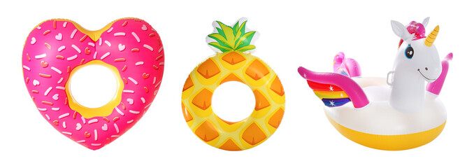 Set of bright inflatable rings on white background