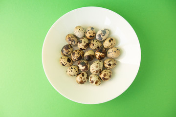 Raw quail eggs in white plate on green background. Easter.