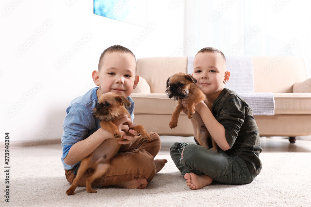 Sticker portrait of cute boys with funny brussels griffon dogs at home. loyal friends