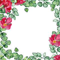 Eucalyptus branches with green leaves with pink peony flowers isolated on white background. Watercolor flower frame for the design of beautiful greeting cards, holiday invitations