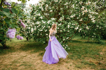Fototapeta premium beautiful young happy girl in an incredible dress resting outdoors,woman walking in the park amid blooming lilacs