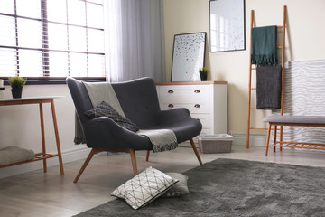 Contemporary living room interior with cozy sofa
