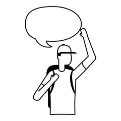 man with backpack talk bubble