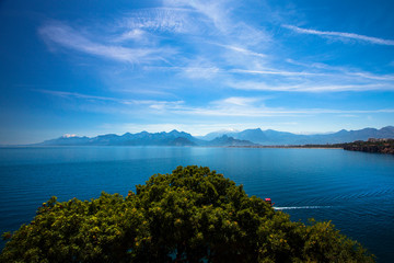 Fototapeta na wymiar Beautiful landscape of mountains and ship in the Mediterranean sea in Turkey, Antalya.