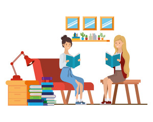 women with book in hands in living room