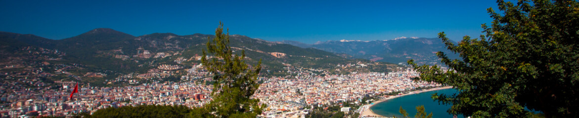 Fototapeta premium Beautiful view of the Mediterranean Sea, the mountains, the forest and the city. Turkey, Alanya.