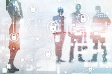 Cyber security, information privacy, data protection concept on modern server room background. Internet and digital technology concept