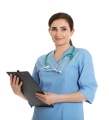 Portrait of female doctor in scrubs with clipboard isolated on white. Medical staff