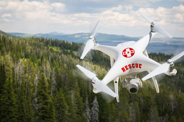 SAR - Search and Rescue Unmanned Aircraft System, (UAS) Drone Flying Above A Mountain Forest.