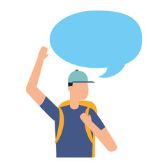 man with backpack talk bubble