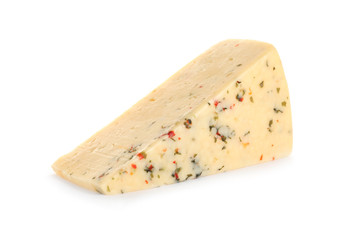 Piece of delicious cheese on white background