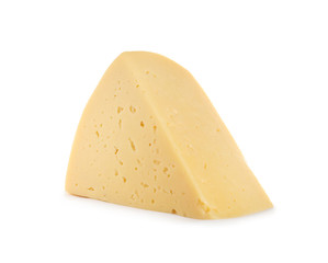 Piece of delicious cheese on white background