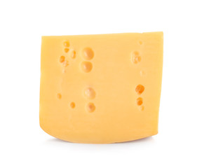 Piece of delicious cheese on white background