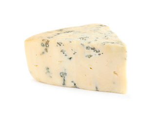 Piece of delicious blue cheese on white background