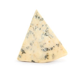 Piece of delicious blue cheese on white background