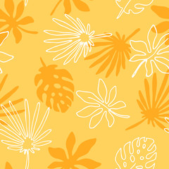 yellow seamless pattern with leaves of palm trees, hand drawn tropical leaves white and yellow, funny sketch style with shadows. for t-shirts, prints, postcards, design.