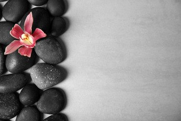 Fototapeta na wymiar Spa stones with flower on color background, top view. Space for text