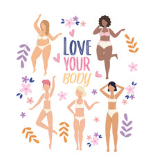 Fototapeta premium happy girls wearing underclothes with branches plants and flowers