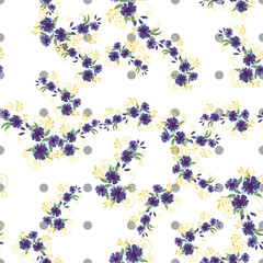 Vintage seamless pattern with field small blue flowers on white background.